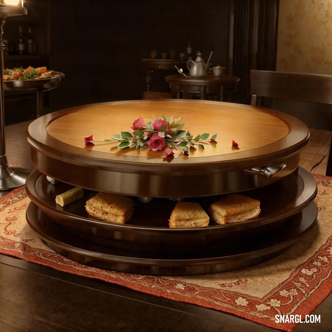 A round table is elegantly set with a vibrant flower arrangement on top. The warm tones of the flowers and the table complement each other, creating a welcoming and harmonious atmosphere in the room.