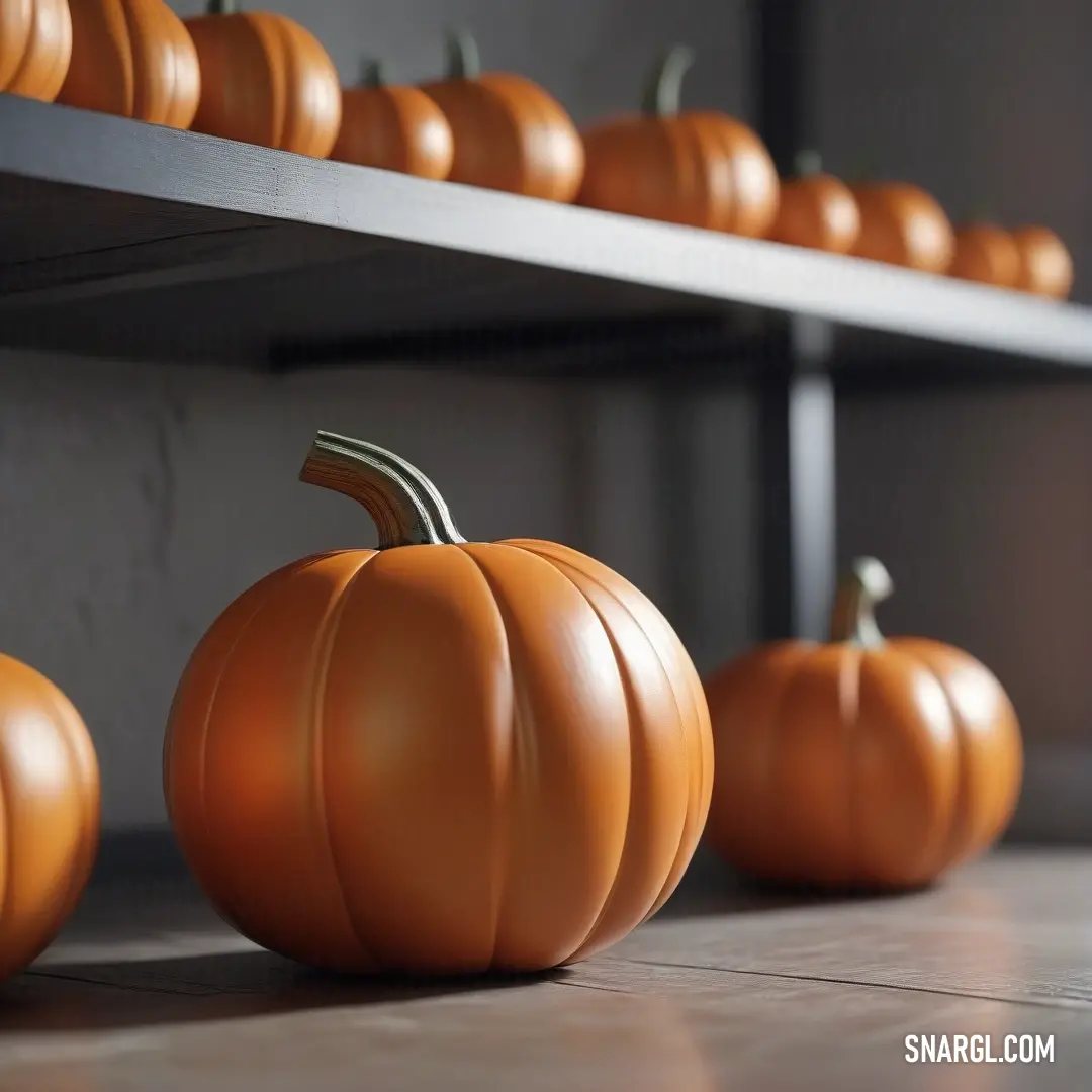 A vibrant display of bright orange pumpkins meticulously arranged on a rustic table. Behind them, a wall lined with shelves creates a cozy ambiance, capturing the essence of autumn's harvest season.