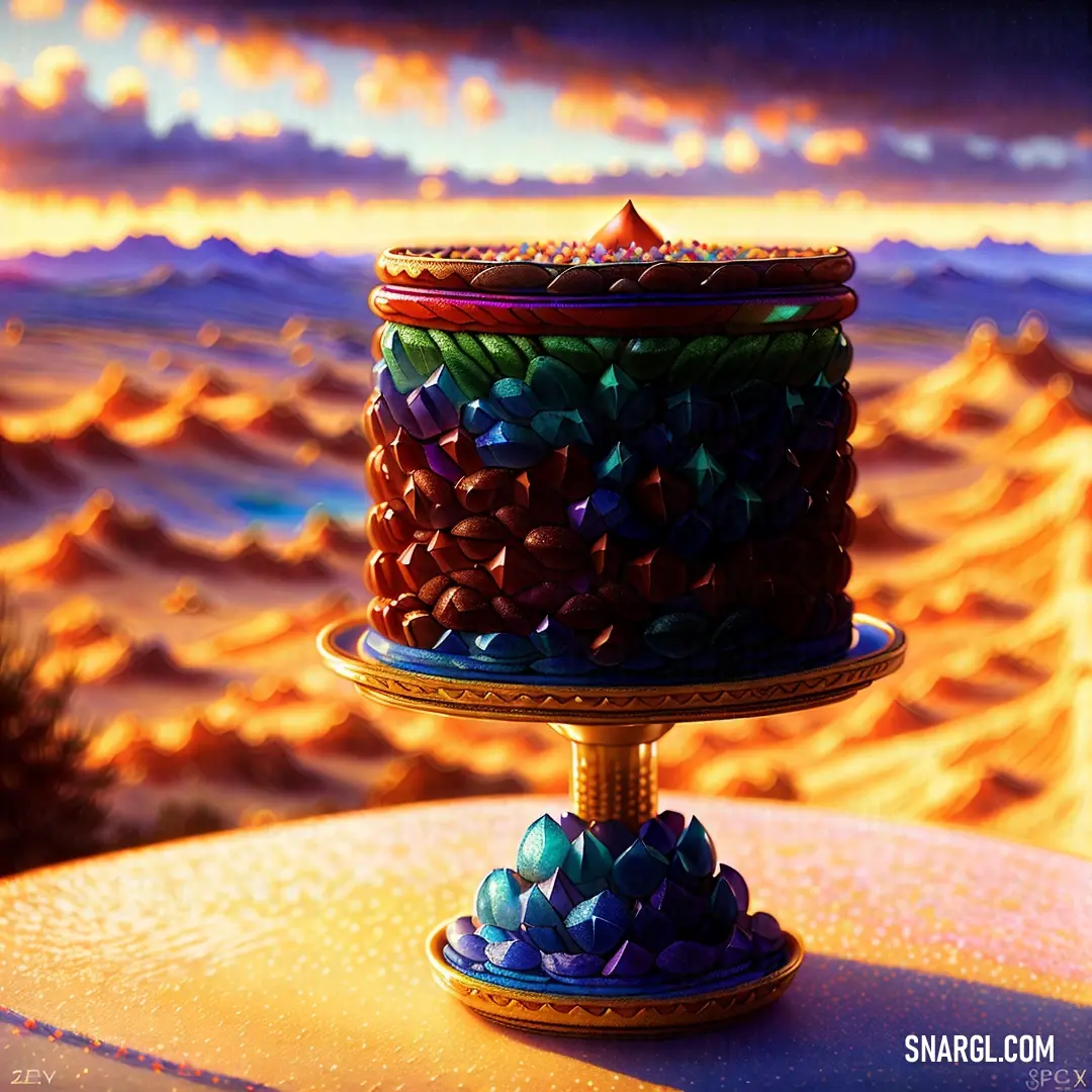 A three-tiered cake adorned with intricate and colorful designs sits against a breathtaking mountain backdrop. The cake’s vibrant decorations bring a festive and joyful feel to the scene.