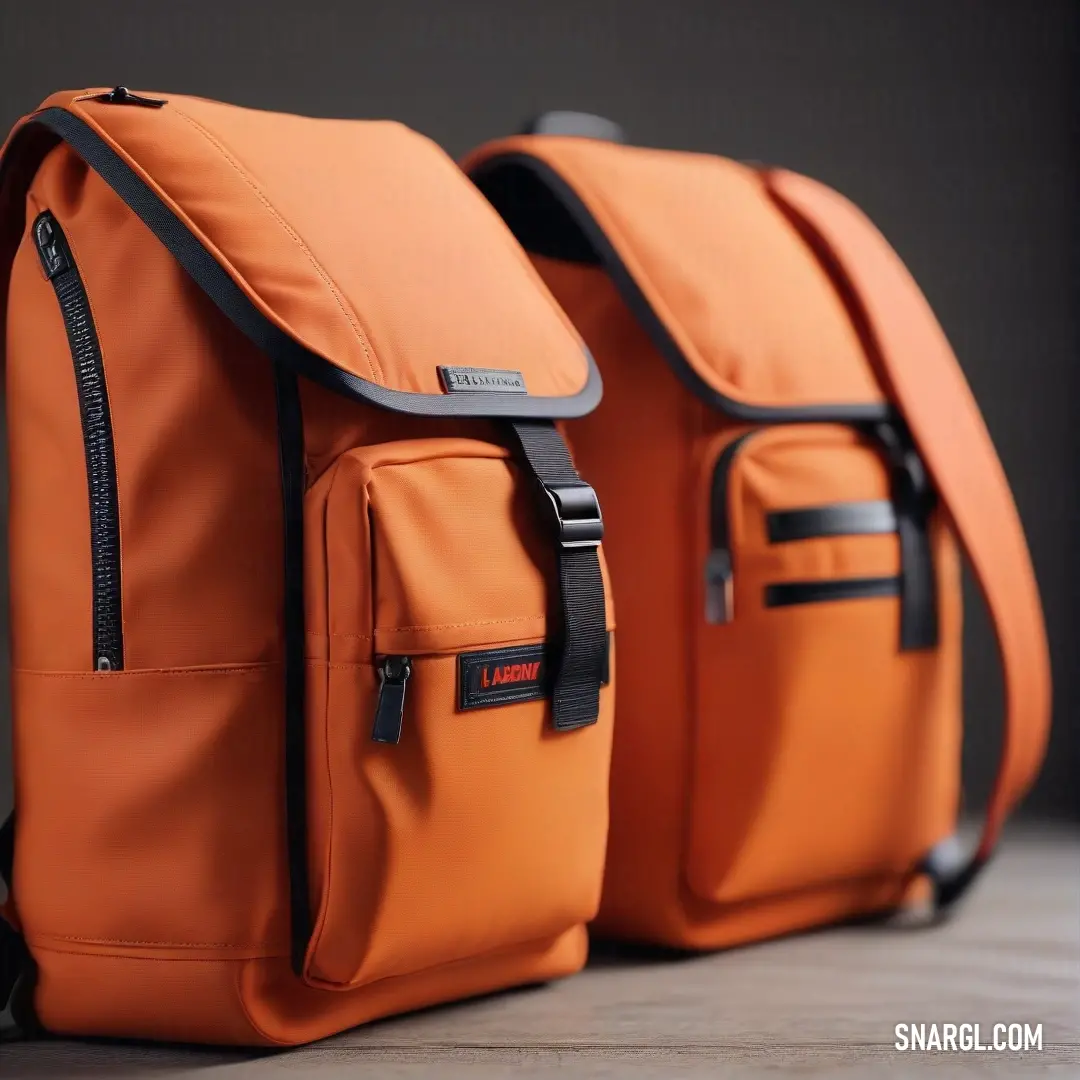 A duo of vibrant orange bags, each equipped with wheels and distinct designs, rest upon a rustic wooden floor. One features a sleek black strap, projecting a sense of modernity and functionality amidst the warmth of NCS S 0560-Y50R.