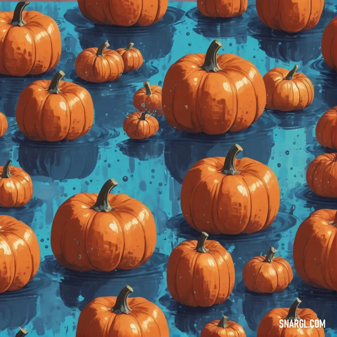 NCS S 0560-Y50R color. Painting of a bunch of pumpkins on a blue background