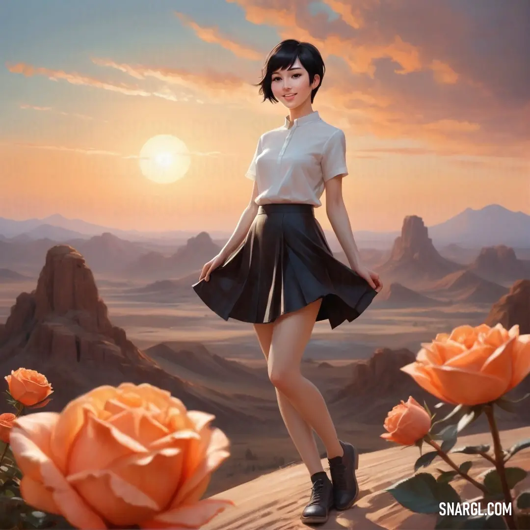 Woman in a skirt standing in front of a rose field with mountains in the background. Example of CMYK 0,60,75,0 color.