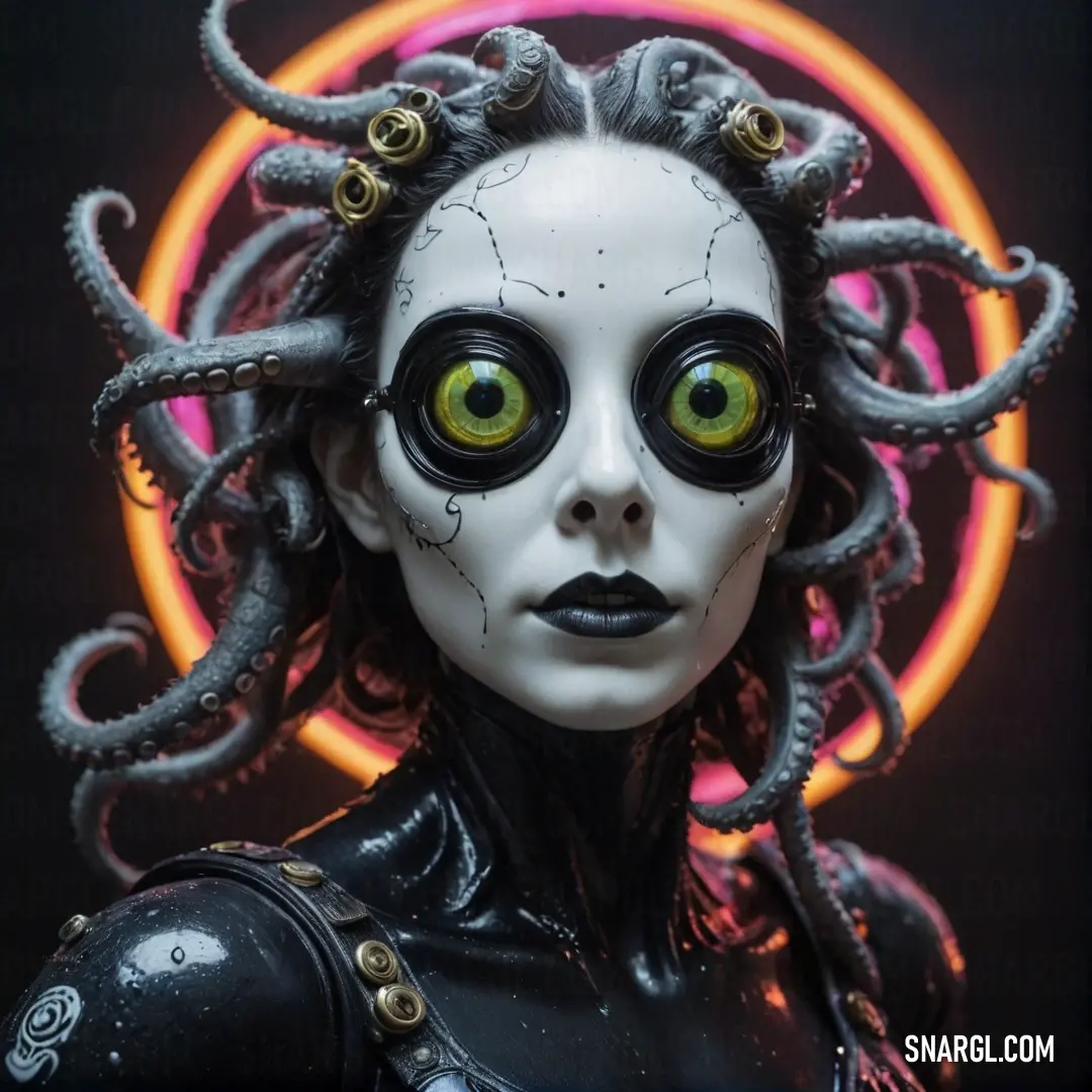 A captivating woman with striking green eyes and a dramatic black mask adorned with octopus tentacles stands confidently in front of a neon circle. The image pulses with vivid colors, creating a sense of mystery and allure.