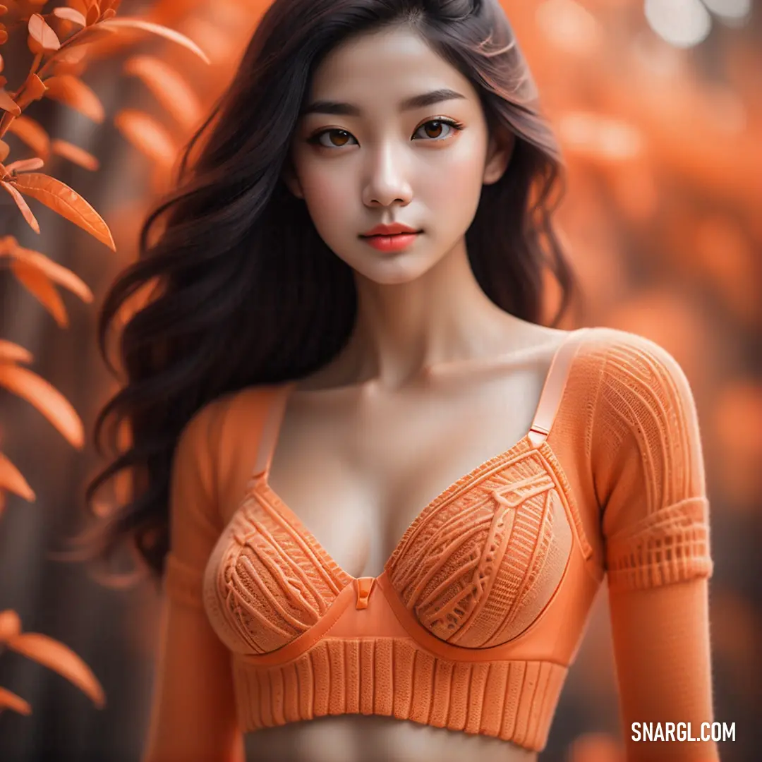 Woman with long hair wearing an orange bra top and posing for a picture with leaves in the background. Example of NCS S 0560-Y50R color.