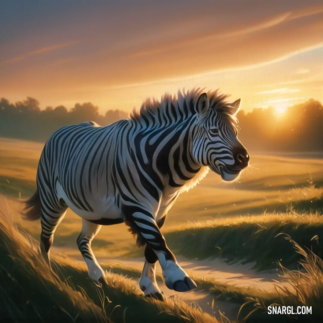 A majestic zebra gracefully traverses a lush grassy field, basking in the warm glow of the setting sun. The vibrant hues of the sunset illuminate the landscape, casting a golden hue on the zebra's striking black and white stripes.