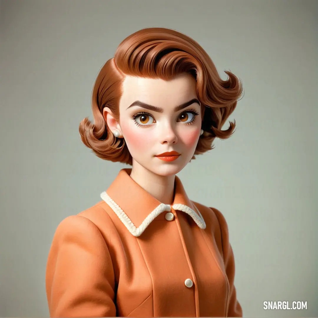 Doll with a brown coat and white collared shirt and a white collared shirt and a brown and white collar. Example of RGB 247,127,68 color.