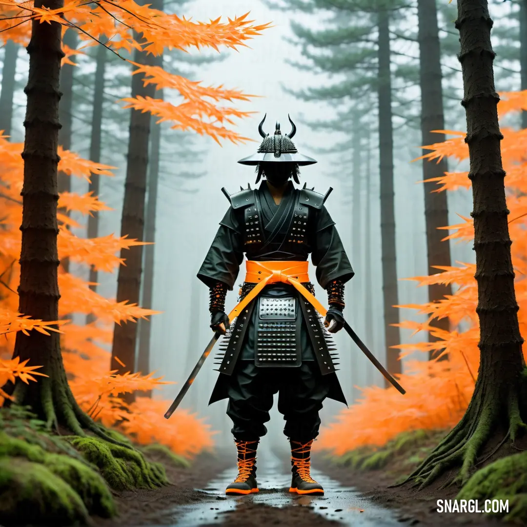 NCS S 0560-Y60R color example: Man in a black and orange outfit with a sword in a forest with orange trees and fog in the background