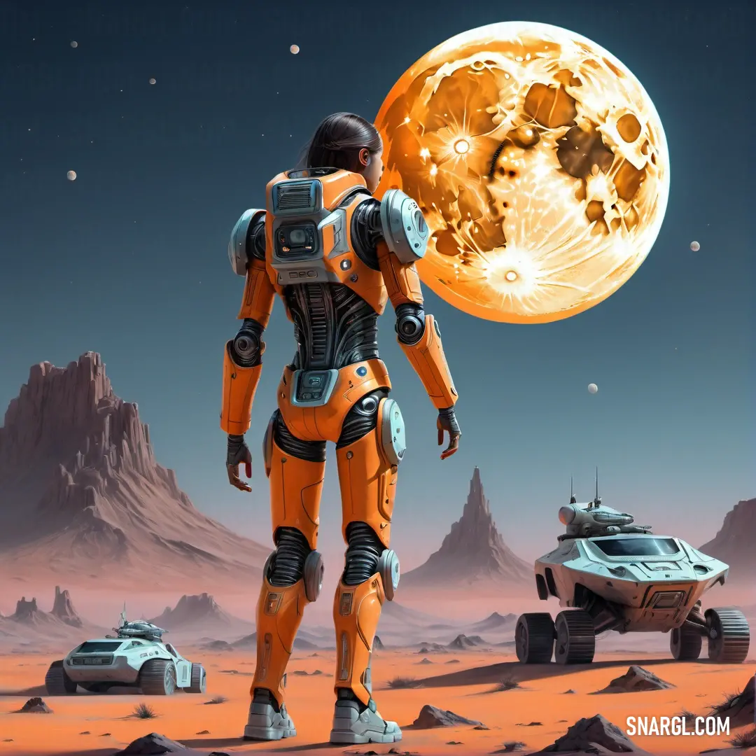 NCS S 0560-Y60R color example: Man in a space suit holding a giant orange object in front of a planet with a spaceship in the background