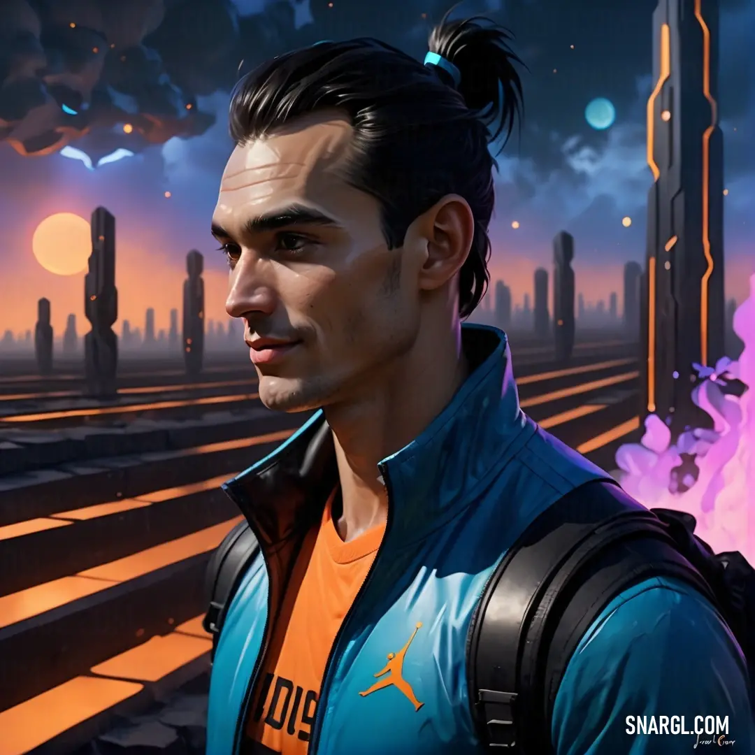 Man with a ponytail standing in front of a train track at night with a city in the background. Color RGB 247,127,68.