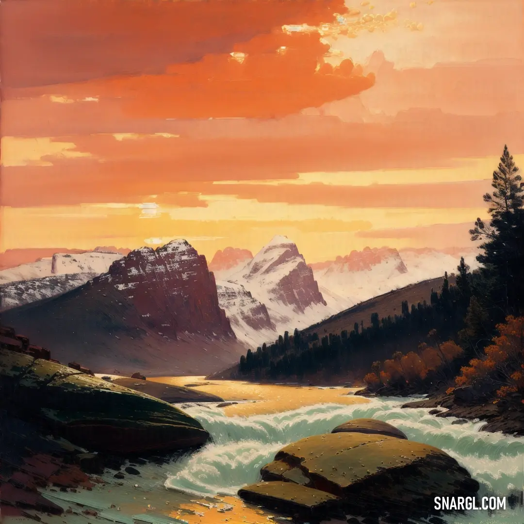Painting of a mountain river with a sunset in the background. Example of CMYK 0,60,71,0 color.