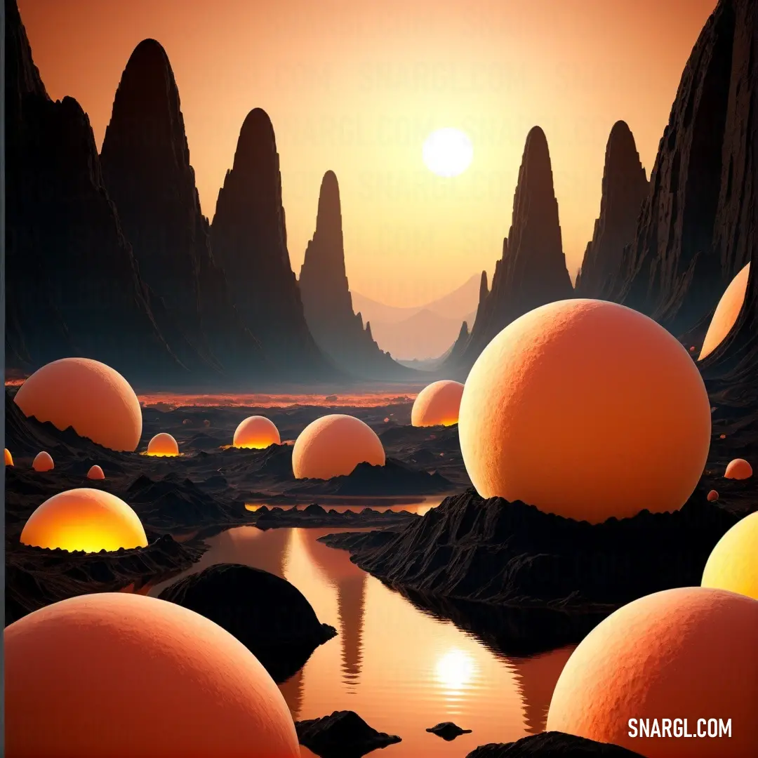 Painting of a landscape with mountains and a body of water at sunset with orange hues and a few orange balls. Color #F56A44.