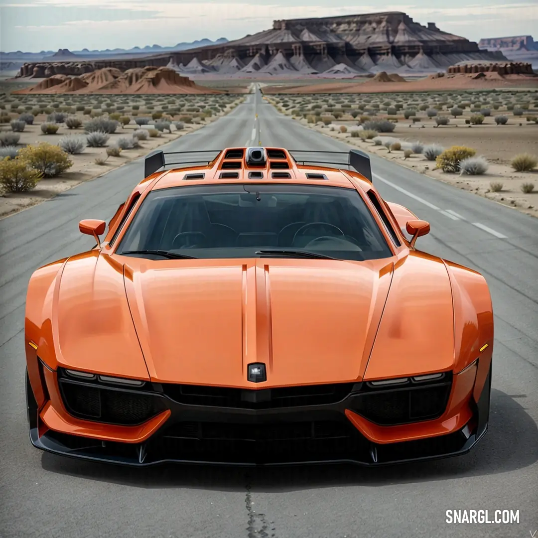 Very nice looking car on a road in the desert with mountains in the background. Color RGB 245,106,68.