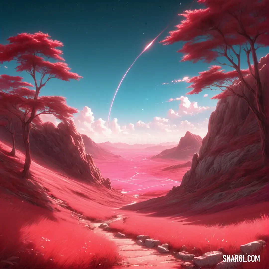 Red landscape with a path leading to a rocket in the sky above a mountain range with a stream of water. Example of NCS S 0560-Y80R color.