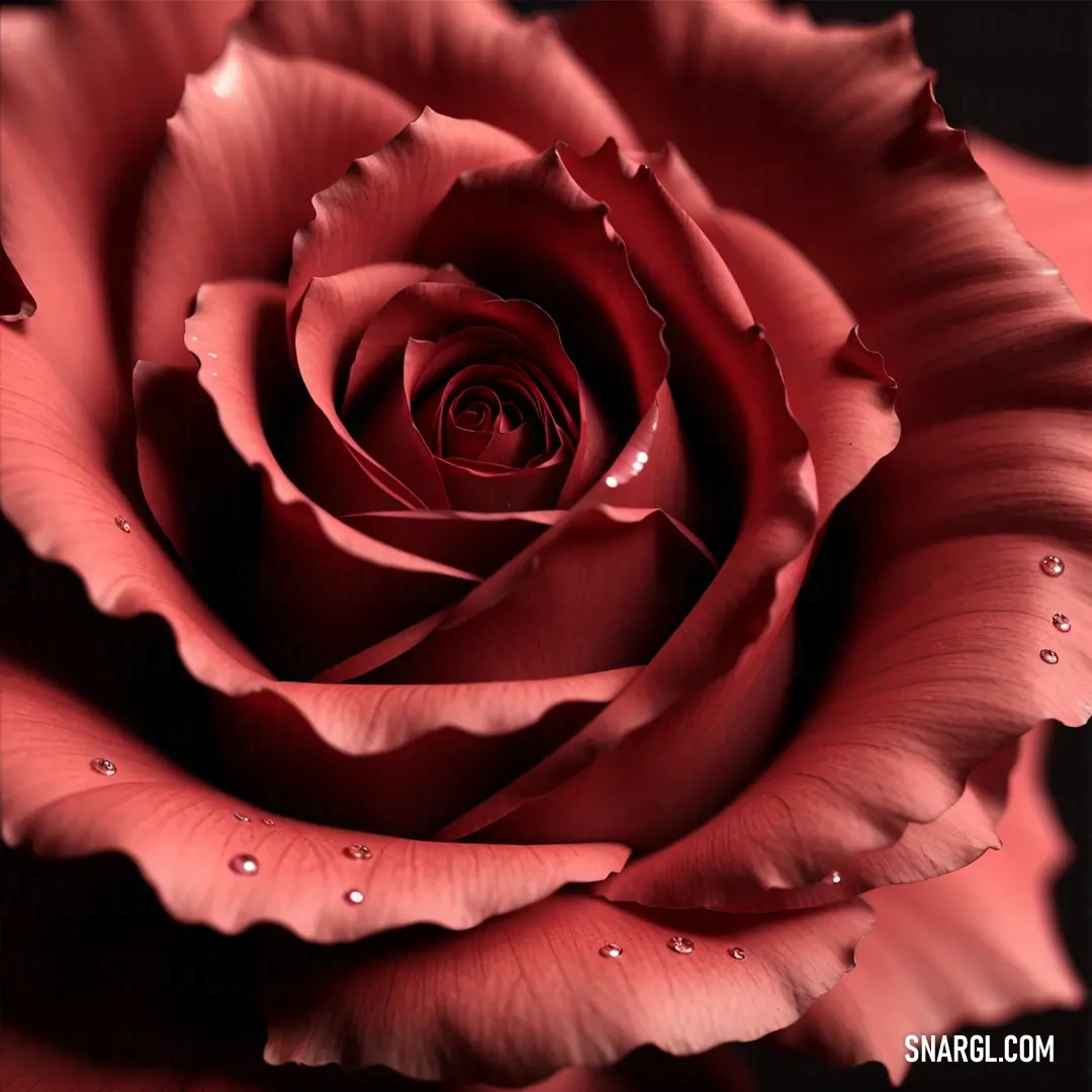 Red rose with water droplets on it's petals and petals are shown in this image. Color NCS S 0560-Y80R.