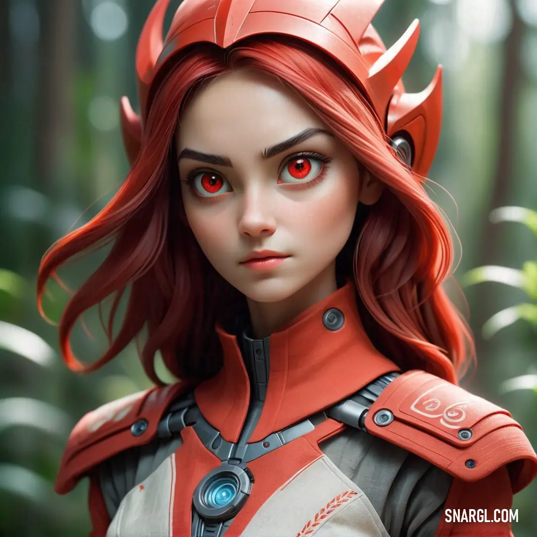 Woman with red eyes and a red helmet on her head in a forest with trees and bushes behind her. Color NCS S 0560-Y80R.