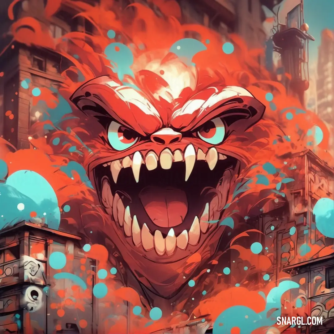 Cartoon monster with a huge mouth and huge teeth in a city setting with blue bubbles and red smoke. Example of RGB 240,85,84 color.