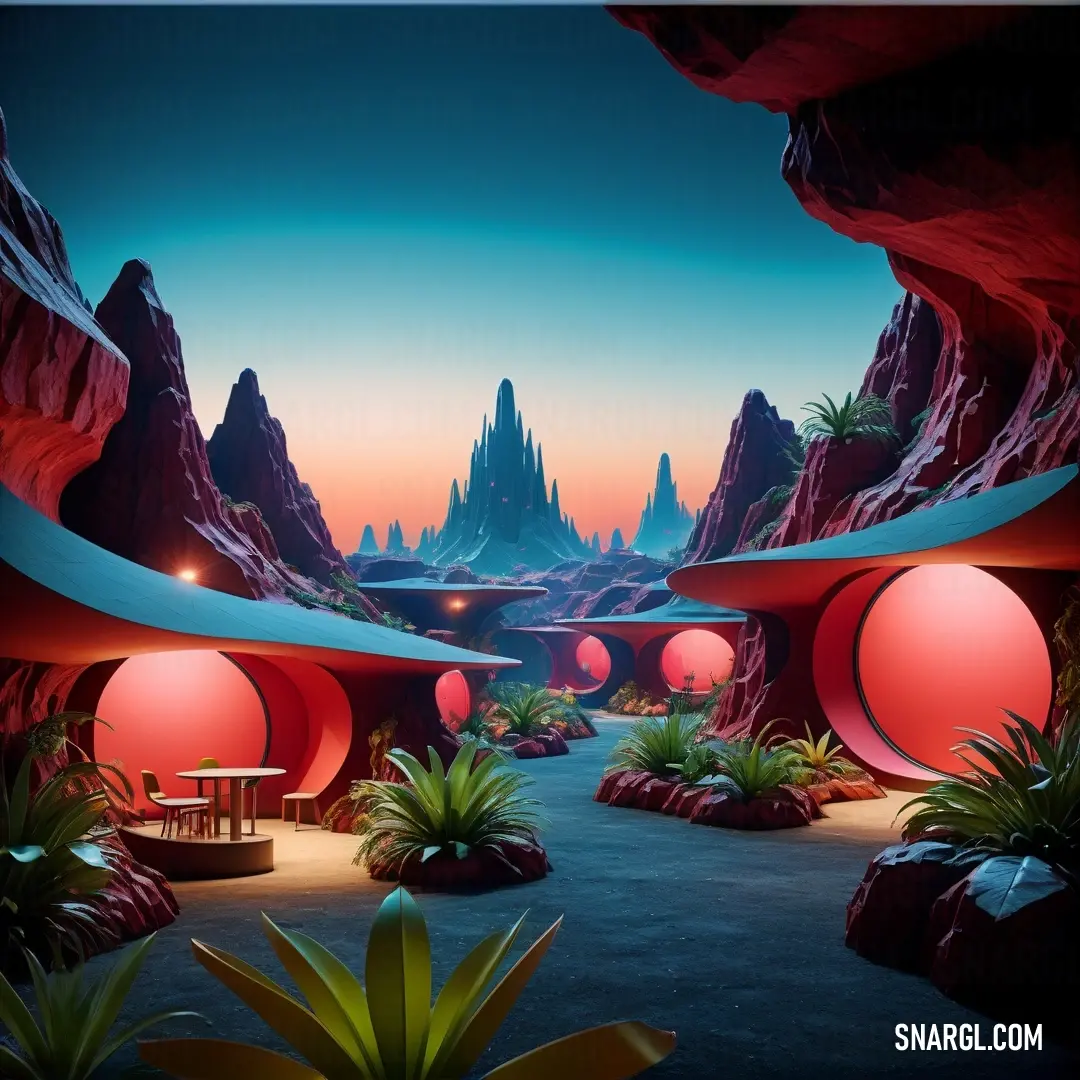 Futuristic landscape with a red and blue theme and a red table and chairs in the middle of the room. Example of NCS S 0560-Y90R color.