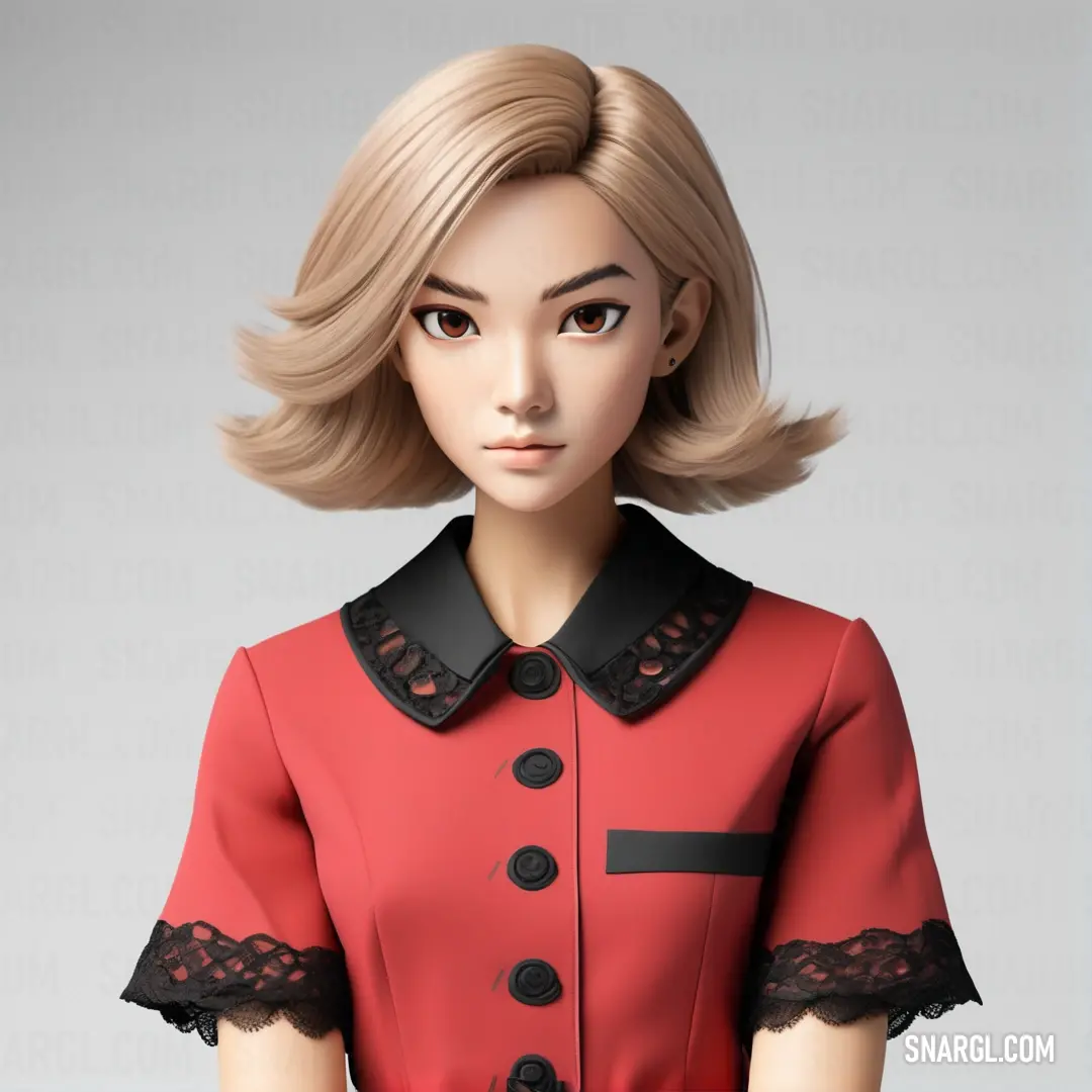 Woman with blonde hair wearing a red dress and black collared shirt with lace detailing on the collar. Color #F05554.