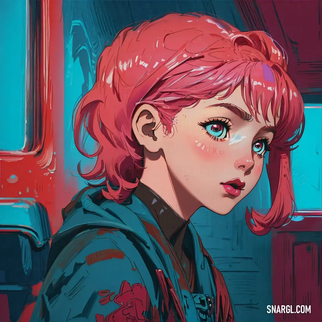 Girl with pink hair and blue eyes looks off into the distance with a red background. Example of RGB 241,83,97 color.