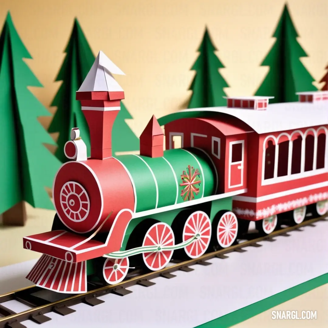 Paper model of a train on a track with trees in the background. Example of CMYK 0,80,50,0 color.