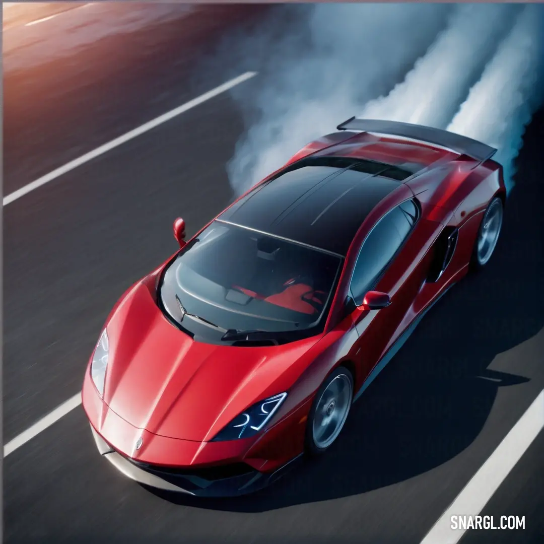 Red sports car driving down a road with smoke coming out of the hood. Example of NCS S 0565-R color.