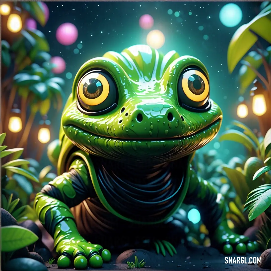 Frog with big eyes on a rock in the jungle with lights in the background. Color CMYK 60,0,70,0.