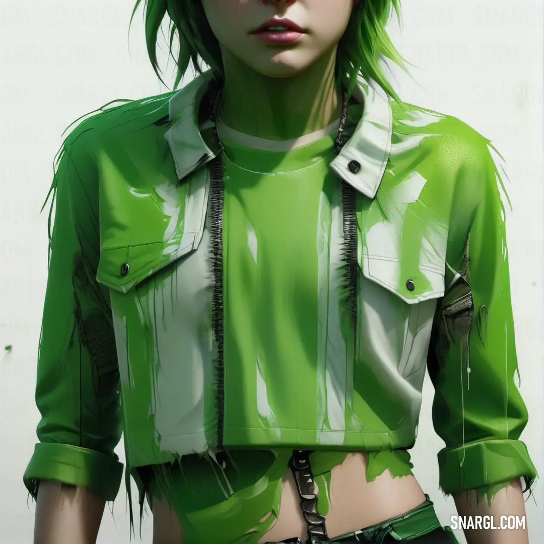 Woman with green hair and a green shirt on her chest and a green shirt on her chest and a white wall behind her