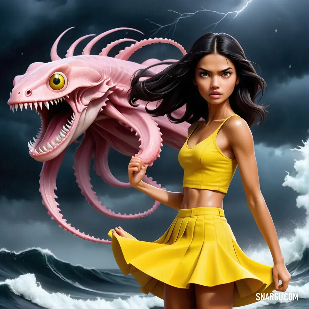 Woman in a yellow dress holding a pink dragon in her hand. Example of RGB 250,213,0 color.