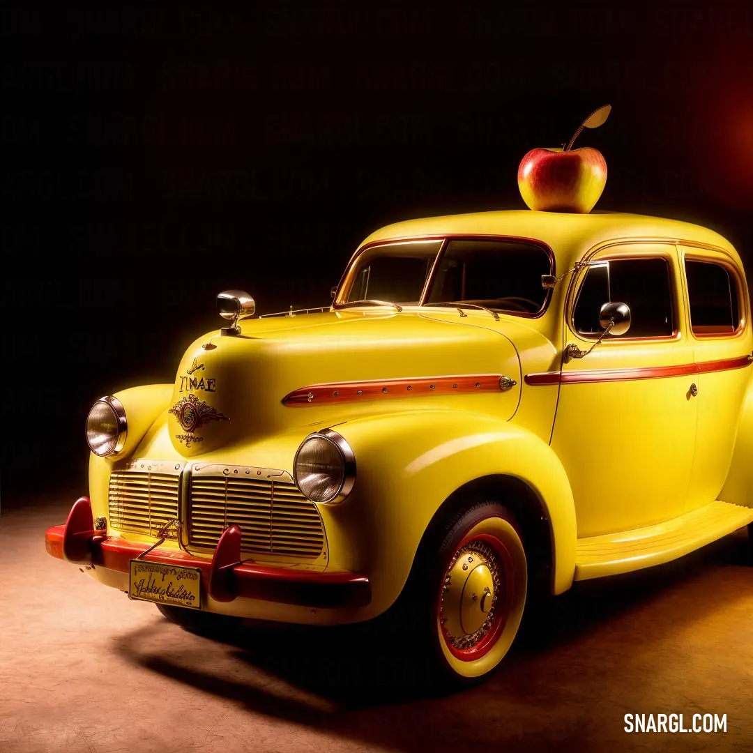 Yellow car with an apple on top of it's roof and a red tail light behind it. Example of #FAD500 color.