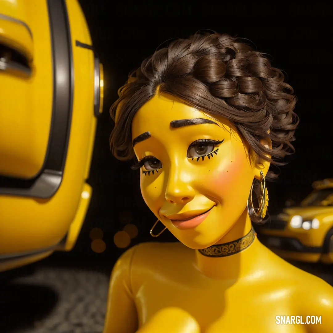 Yellow plastic doll with a black nose and a yellow car behind it. Color #FAD500.