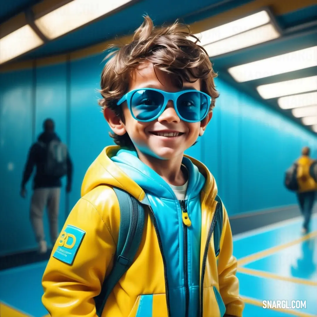 Young boy wearing blue sunglasses and a yellow jacket in a hallway with people walking by in the background. Color #FAD500.