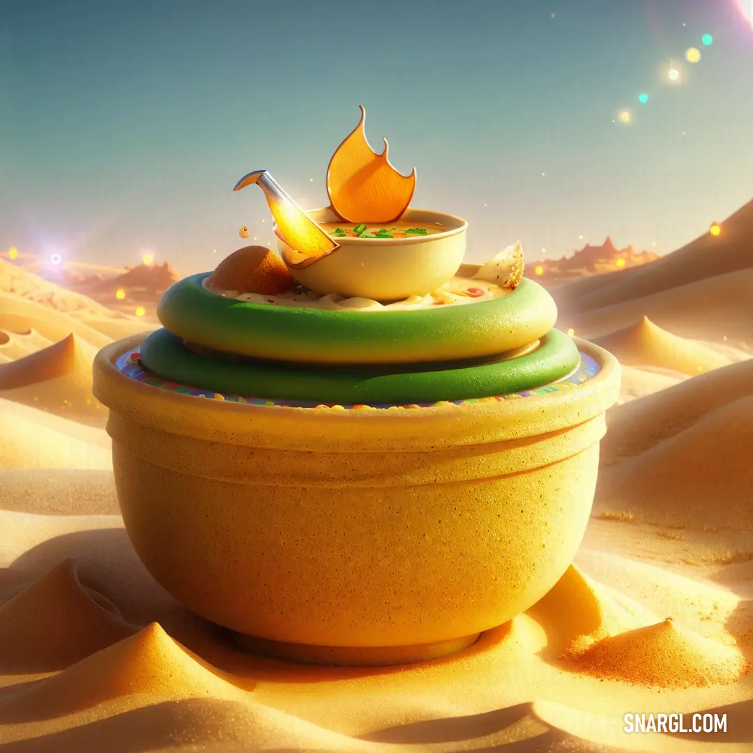 Bowl with a tea pot on top of it in the desert with a star in the sky above. Color NCS S 0570-Y10R.