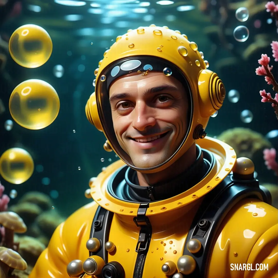 Man in a yellow diving suit and a helmet with bubbles in the background. Example of NCS S 0570-Y10R color.