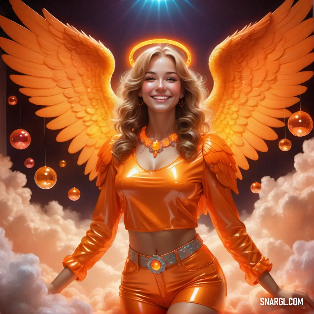 Woman in a shiny orange outfit with angel wings and bubbles around her body and a halo above her head. Example of #FBBB22 color.