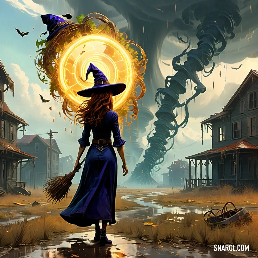 NCS S 0570-Y10R color. Woman in a witch costume holding a broom and a glowing ball of fire in her hand