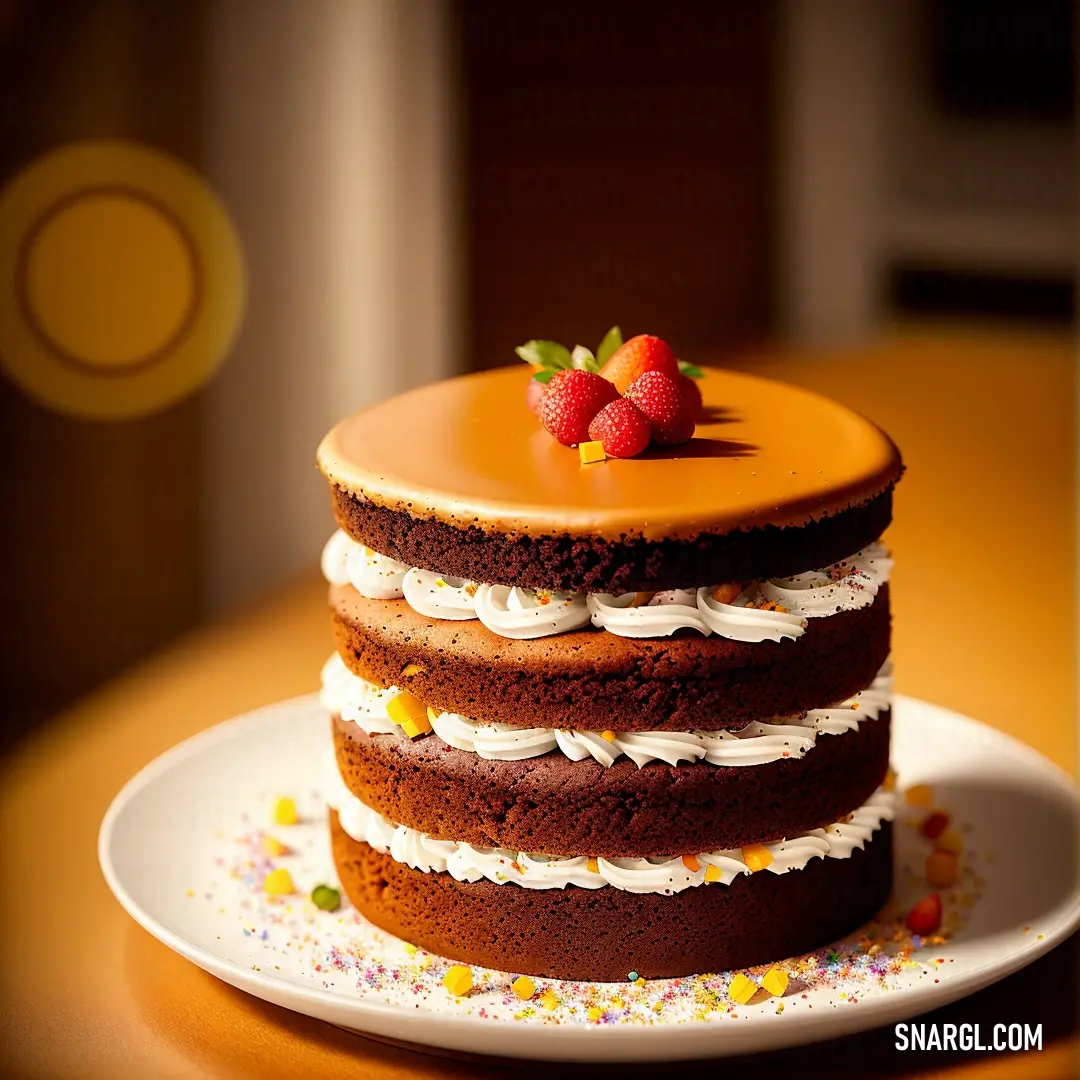 Chocolate cake with white frosting and a strawberry on top of it on a plate on a table. Color RGB 244,154,10.