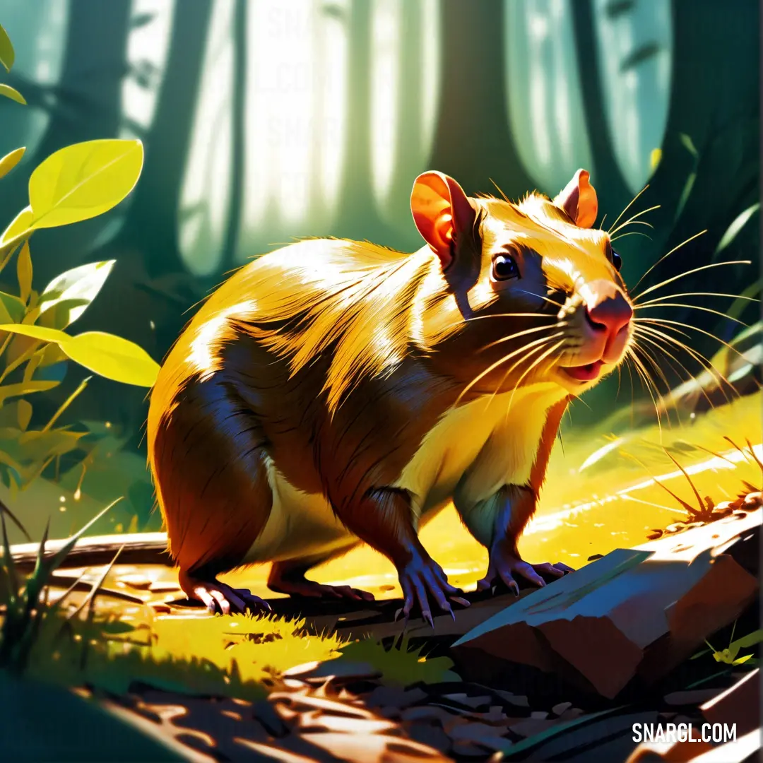 Rat is standing in the middle of a forest area with trees and grass in the background. Color RGB 244,154,10.