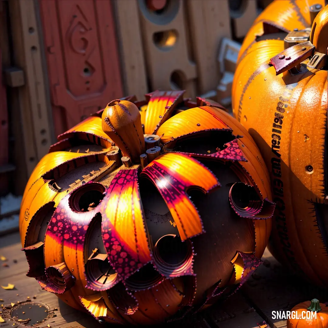 Couple of pumpkins on a table together with decorations on them and a wooden fence behind them. Color RGB 243,143,27.