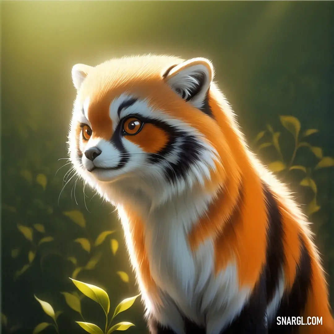 Painting of a red panda with a green background. Color NCS S 0570-Y30R.