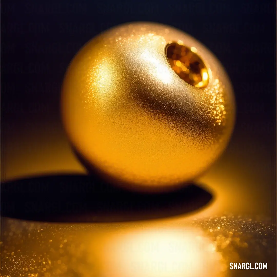 Shiny gold object on a table with a black background. Example of CMYK 0,51,91,0 color.
