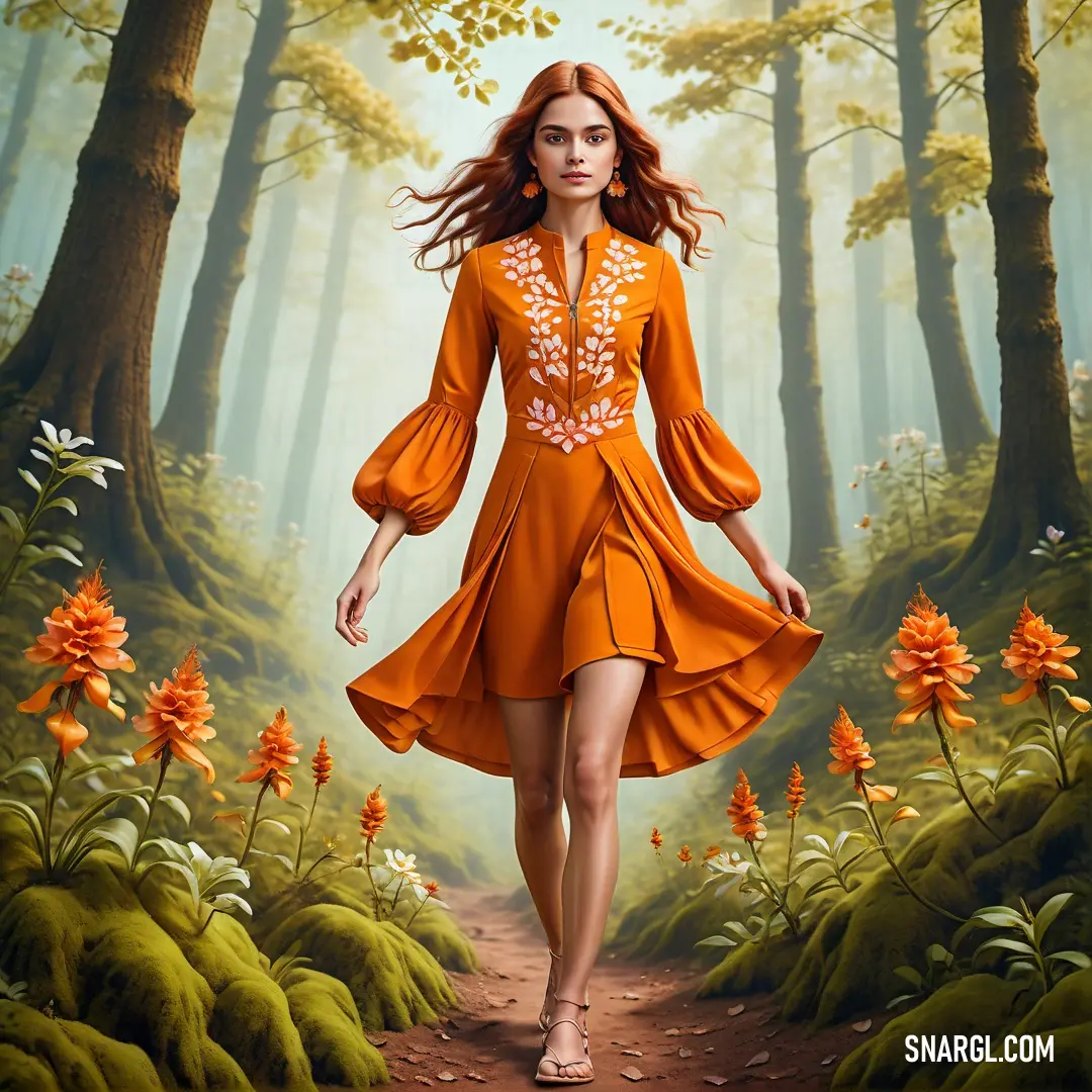NCS S 0570-Y30R color example: Woman in an orange dress walking through a forest with flowers on the ground and trees in the background
