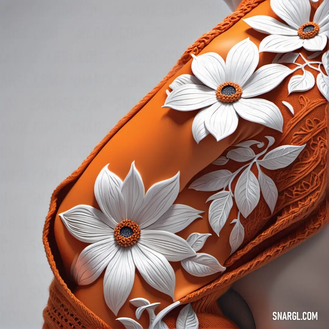 Woman's orange dress with white flowers on it and a lace trim around the waistline and the bottom. Color #F38F1B.