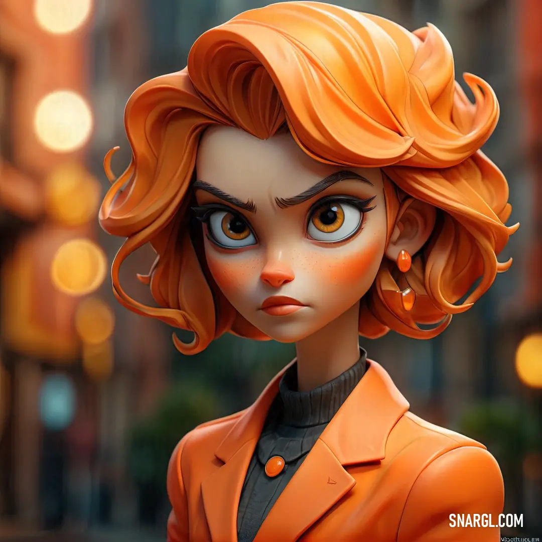 Cartoon character with orange hair and a suit on a city street at night with lights in the background. Color NCS S 0570-Y40R.