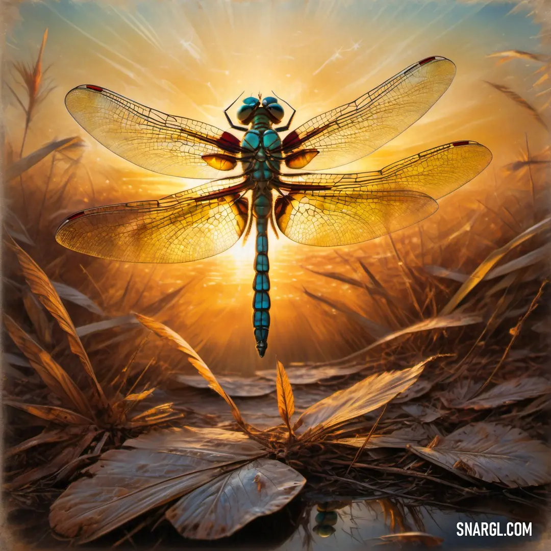 NCS S 0570-Y40R color. Dragonfly on top of a leaf covered field of grass at sunset with the sun shining behind it