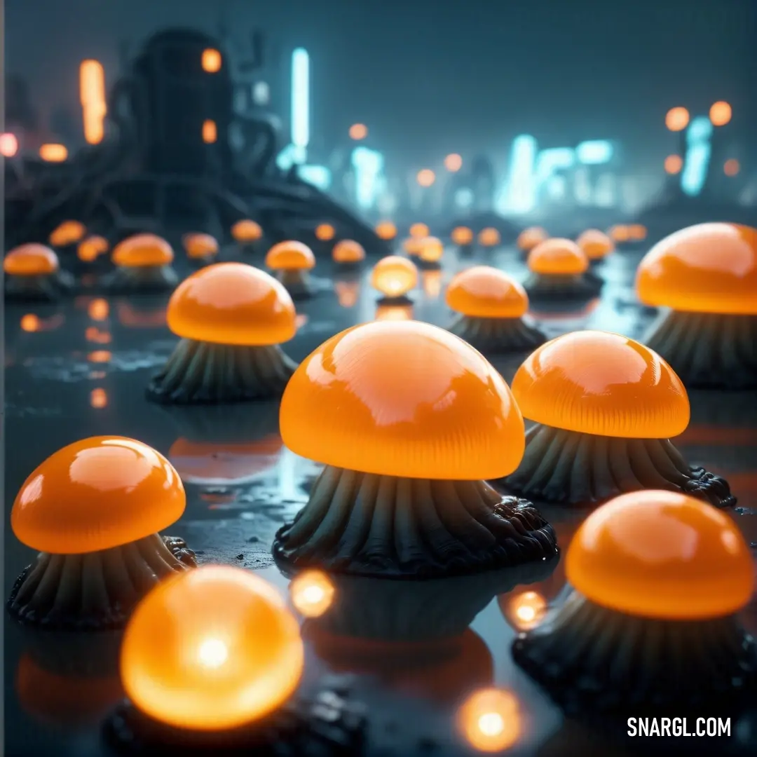 Group of orange lights on top of a floor next to a city skyline at night time with buildings in the background