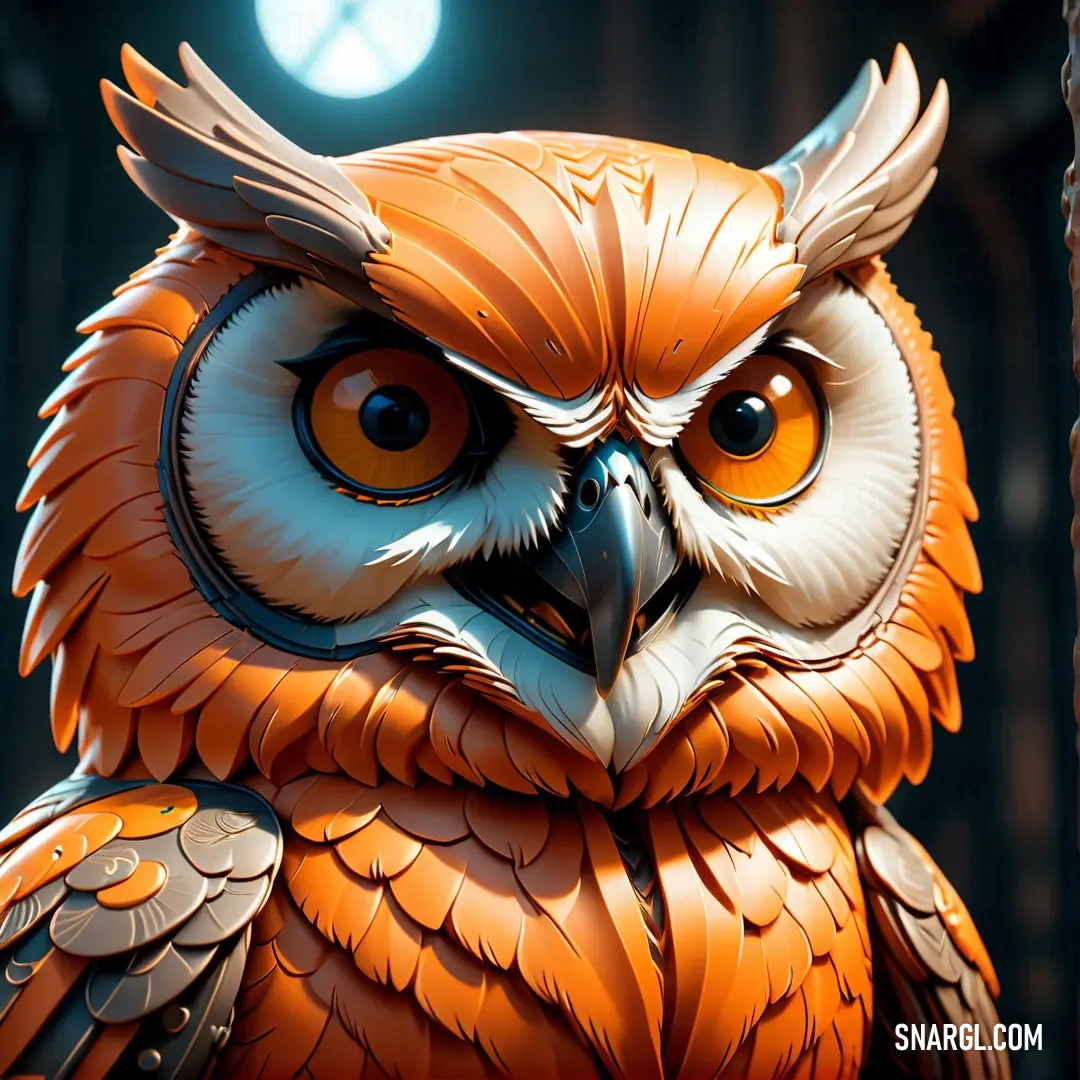 Orange owl with big eyes and a big smile on its face is standing in a dark room with a light on. Example of CMYK 0,61,90,0 color.