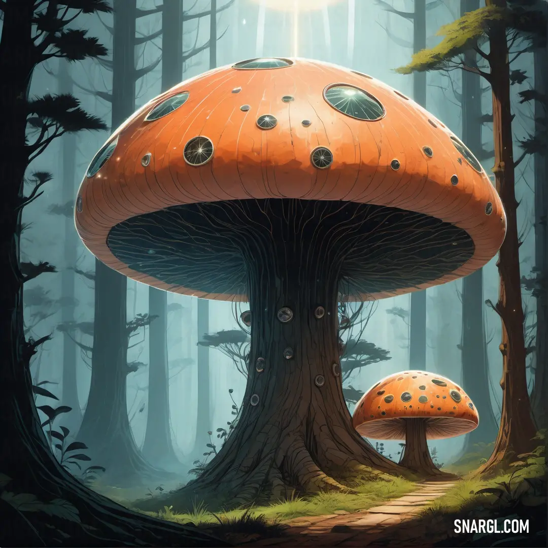 Painting of a mushroom in the woods with a sun shining on it's side and a path leading to it. Example of NCS S 0570-Y40R color.