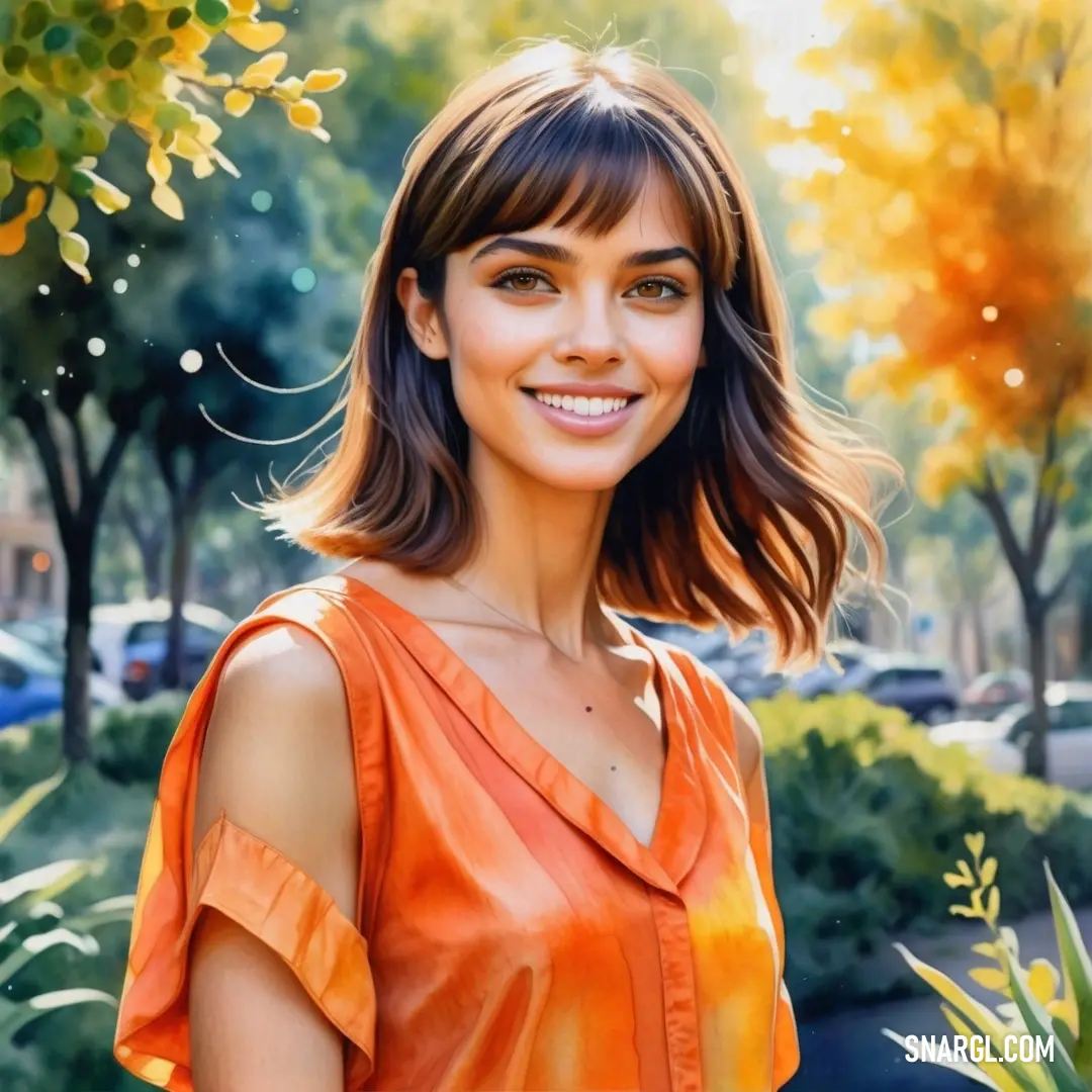 NCS S 0570-Y40R color example: Painting of a woman in an orange dress smiling at the camera with trees in the background