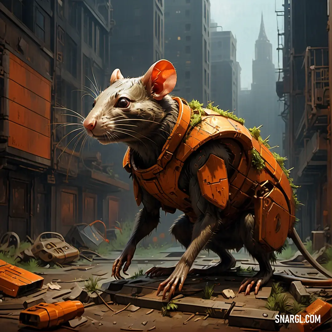 NCS S 0570-Y40R color example: Rat in a suit with a helmet on standing on a city street in front of a building with a lot of debris