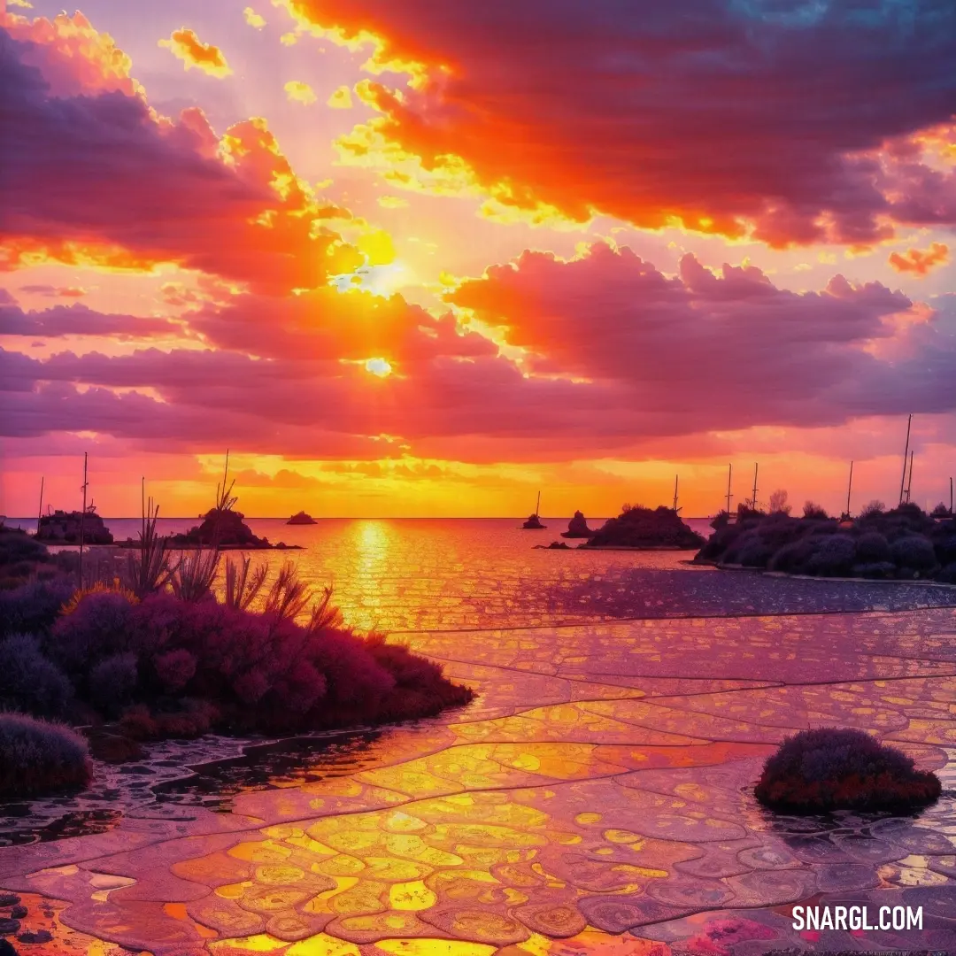 Sunset over a body of water with a boat in the distance and clouds in the sky above it. Color CMYK 0,61,90,0.